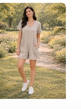 Casual V-Neck Short Sleeve Romper in Light Taupe